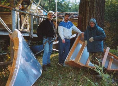 Crew prepares to hoist roof sections up to treehouse. Note aluminum siding. (Boeing jet surplus sheeting, screwed onto Douglas fir framed sections)